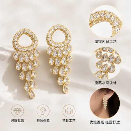 Golden teardrop-shaped diamond-encrusted earrings, fashionable and light luxury women's earrings, earrings, earrings, stud earrings, silver needle vintage accessories Golden teardrop-shaped diamond-encrusted earrings, fashionable and light luxury women's earrings, earrings, earrings, stud earrings, silver needle vintage accessories